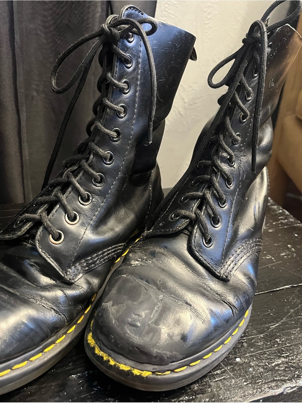 Dr. Martens Black Leather Lace-Up Combat Boots with Yellow Welt Stitching